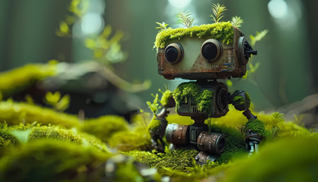Vintage robot toy on green moss background. 3d illustration.の素材