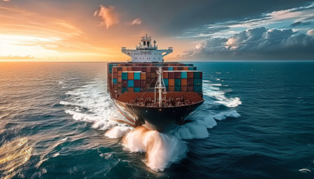 Cargo ship in the sea at sunset. 3D rendering.の素材