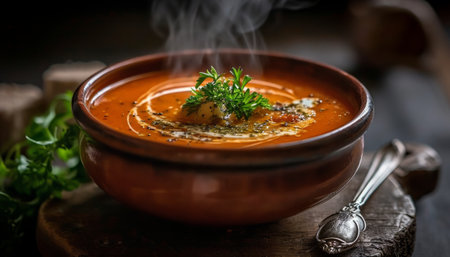Tomato soup with parsley in a clay bowl on a dark backgroundの素材