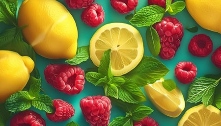 Lemon, raspberry, lemon and mint on blue background. 3d illustrationの素材