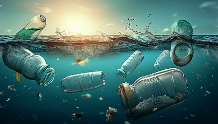 Plastic waste in water. Mixed media. Mixed media. Mixed mediaの素材
