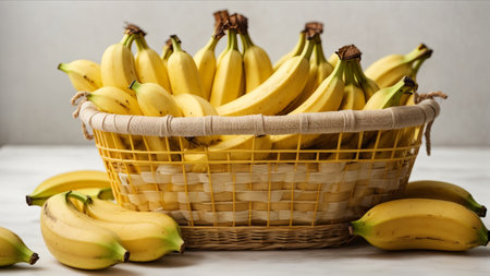 Bunch of bananas in a wicker basket on a light backgroundの素材