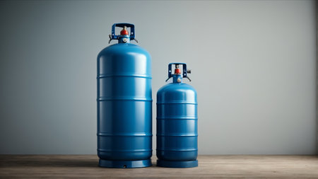 Gas cylinder tank on a wooden table in front of gray background.の素材
