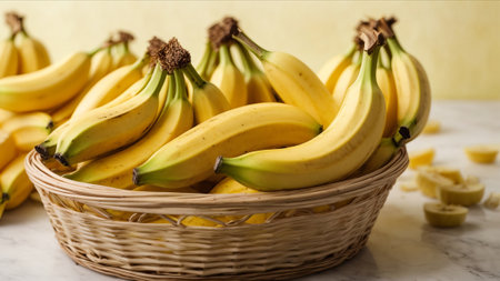 Bunch of fresh bananas in a basket on a white marble tableの素材