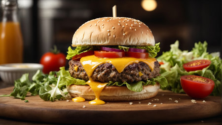 Delicious cheeseburger on wooden table, closeup. Delicious foodの素材