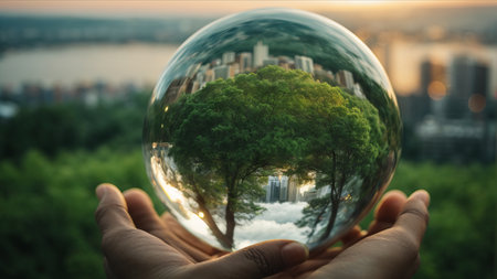 Glass globe in hand with green forest and cityscape background. Environment conservation concept.の素材
