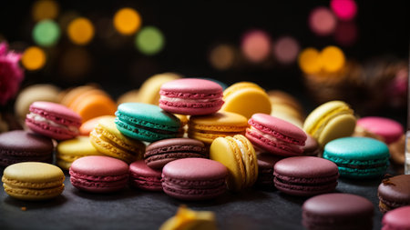 Colorful macaroons on a dark background with bokehの素材