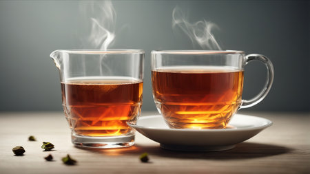 Cup of tea on wooden table and dark background. Close upの素材