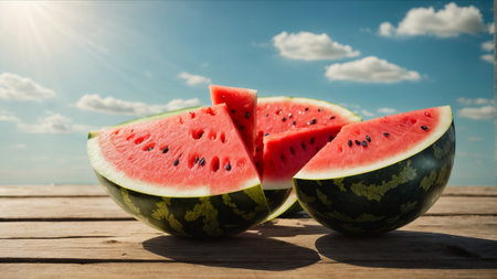 Watermelon on wooden table with blue sky and sun flare background.の素材