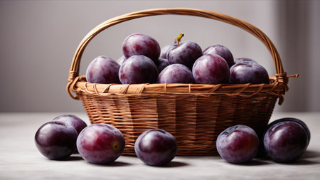 Ripe purple plums in a basket on a wooden table.の素材