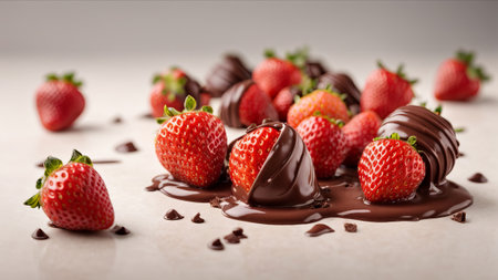 Strawberries and chocolate on a white background. Copy space.の素材