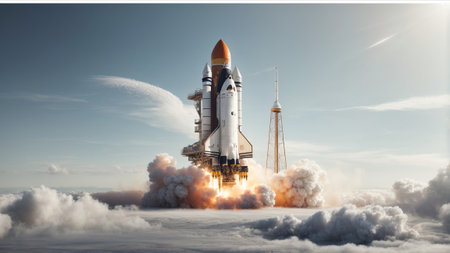 Space rocket taking off into the sky. 3D render. Success concept.の素材