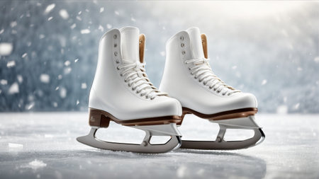 Pair of ice skates on ice. Winter sports concept.の素材