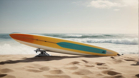 Surfboard on the beach with the sea in the background.の素材