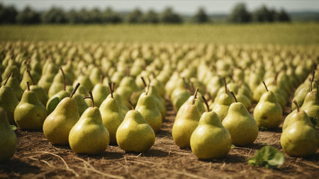 Rows of pears on a field in summer. Selective focus.の素材