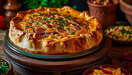 Delicious homemade pie with meat, mushrooms and vegetables on wooden tableの素材