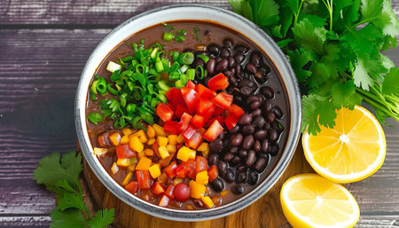 Mexican chili con carne in bowl with ingredients on wooden backgroundの素材