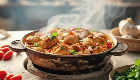 Casserole with chicken and vegetables on kitchen table, closeupの素材