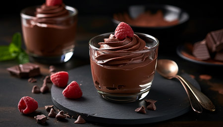 Chocolate mousse with raspberry in a glass on a dark backgroundの素材