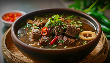 Beef stew in a clay bowl on a dark background. Chinese cuisineの素材
