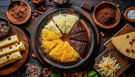 Chocolate cake with grated cheese and cocoa powder on wooden backgroundの素材