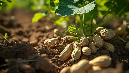 Peanut seedlings in the ground. Peanuts in the ground.の素材