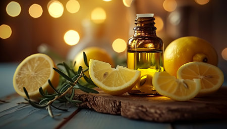Lemon essential oil in a glass bottle with fresh lemons on a wooden backgroundの素材