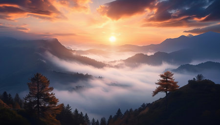 Foggy sunrise in the mountains. Panoramic view.の素材