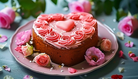 Heart-shaped cake with pink icing and roses on a blue backgroundの素材