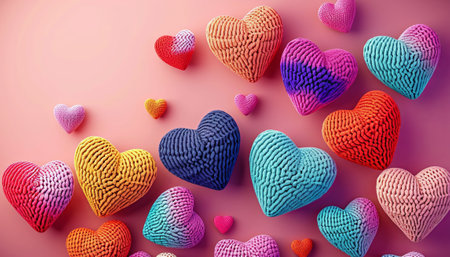 Colorful hearts on a pink background. 3d rendering, 3d illustration.の素材