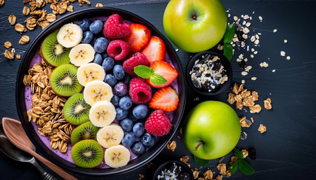 Healthy breakfast bowl with oatmeal, berries, fruits and granola on black background, top viewの素材