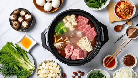 Top view of hot pot with shabu shabu and ingredientsの素材
