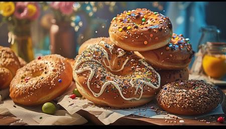 Bagels with glaze and sprinkles on a wooden tableの素材