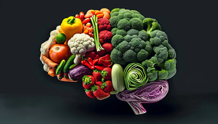 Healthy eating concept. Vegetables and fruits in the form of a brain.の素材