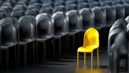 3d rendering of a yellow chair in a row of black chairsの素材