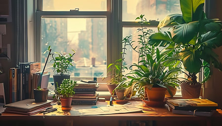 Working place with a lot of plants and books on the windowsillの素材