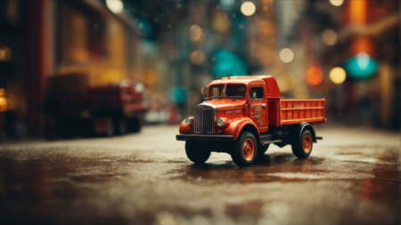 toy truck on the street in the city at night, vintage styleの素材