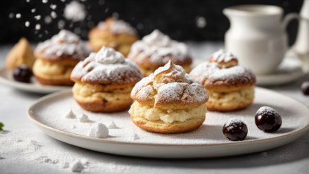 Cream puff cakes with cherries and powdered sugar on a white plateの素材