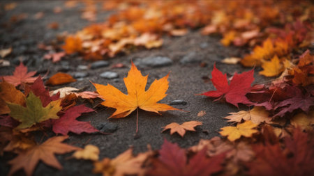 Maple leaves on the ground in autumn. Fall season concept.の素材