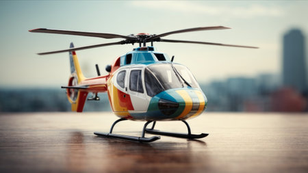 Helicopter toy on a wooden table. 3d illustration.の素材