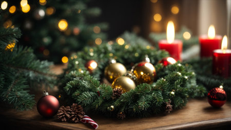 Christmas wreath with burning candles and bokeh on dark backgroundの素材