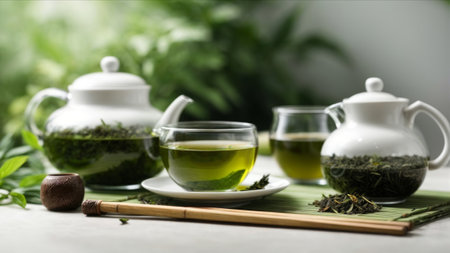 Green tea with teapot and cups on bamboo mat on blurred backgroundの素材