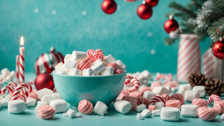 Christmas and New Year background with candies and marshmallows in a bowlの素材