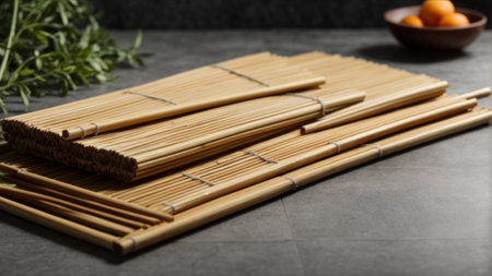 Bamboo chopsticks on grey table, closeup. Space for textの素材