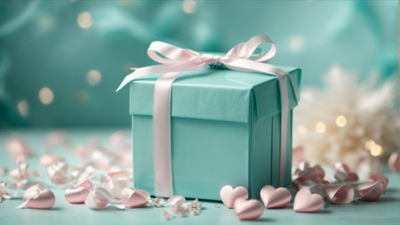 Gift box with ribbon and hearts on turquoise background.の素材