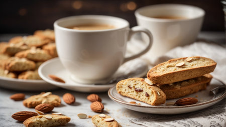 Cup of coffee with cookies and almonds on a light background.の素材
