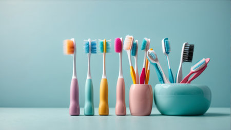 Set of colorful toothbrushes on pastel blue background, copy space.の素材