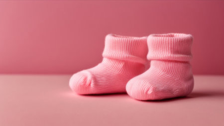 Pair of pink baby socks on a pink background, close upの素材