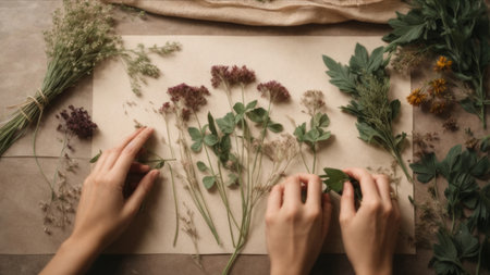 Top view of female florist hands making bouquet of wildflowersの素材