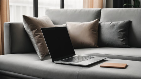 Laptop with blank screen on sofa in living room, mockupの素材
